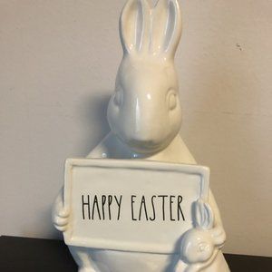 Rae Dunn Easter Bunny Holding sign "Happy Easter"